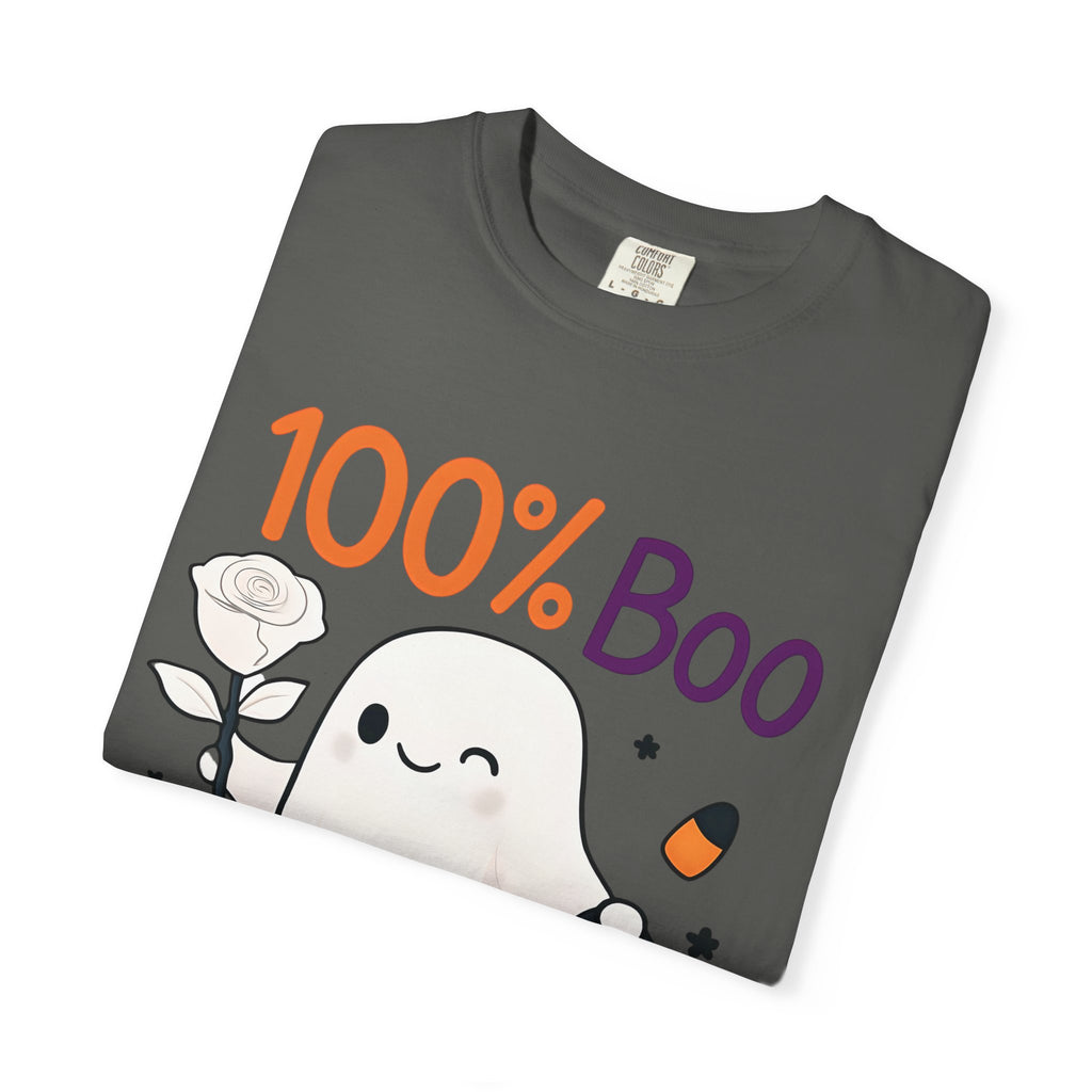 Dark gray Halloween t-shirt with '100% Boo' ghost and pumpkin graphic