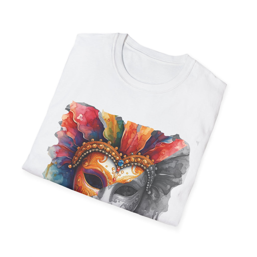White T-shirt with watercolor half-face mask print in red, blue, and gray