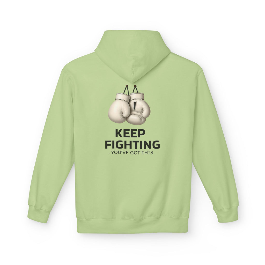 Pistachio green hoodie with hood and kangaroo pocket, back boxing gloves graphic “Keep Fighting”