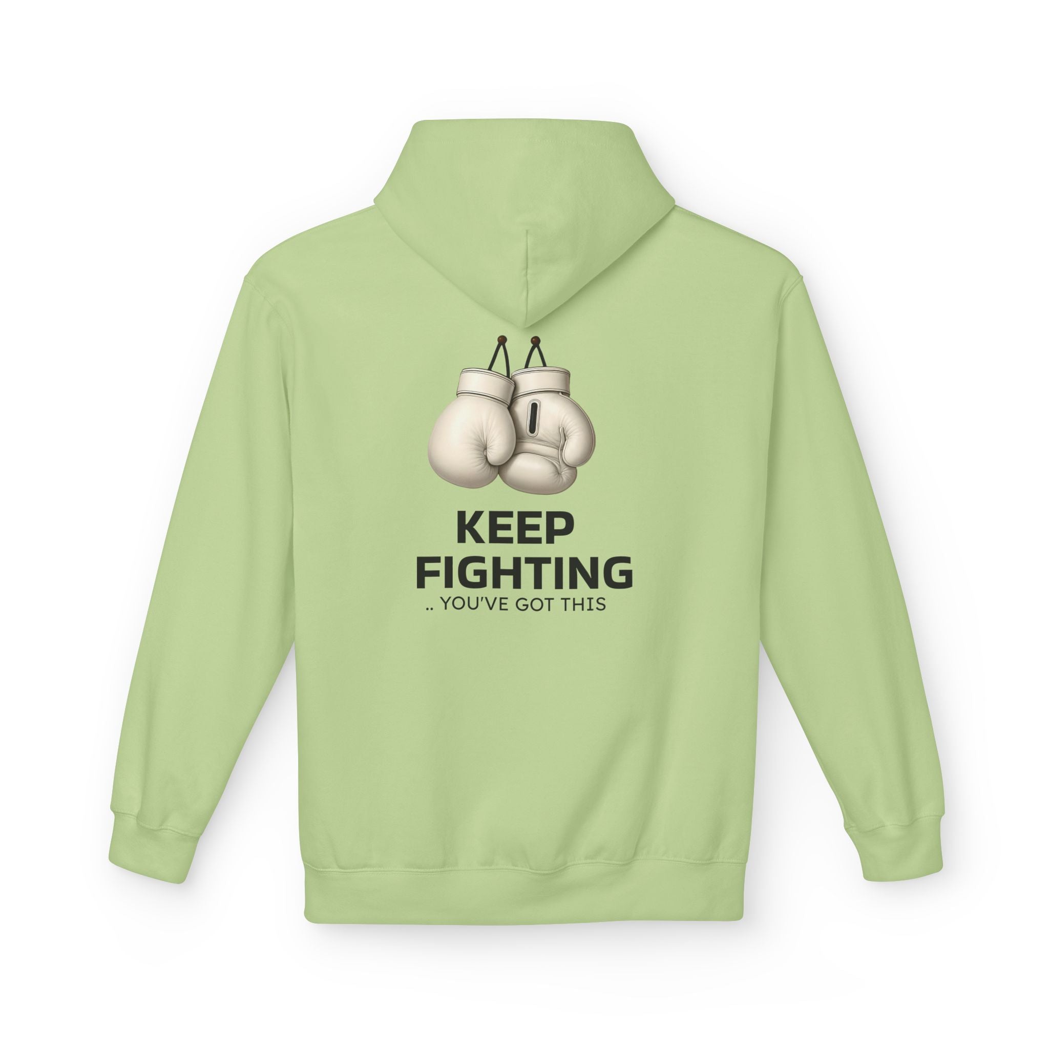 Pistachio green hoodie with hood and kangaroo pocket, back boxing gloves graphic “Keep Fighting”