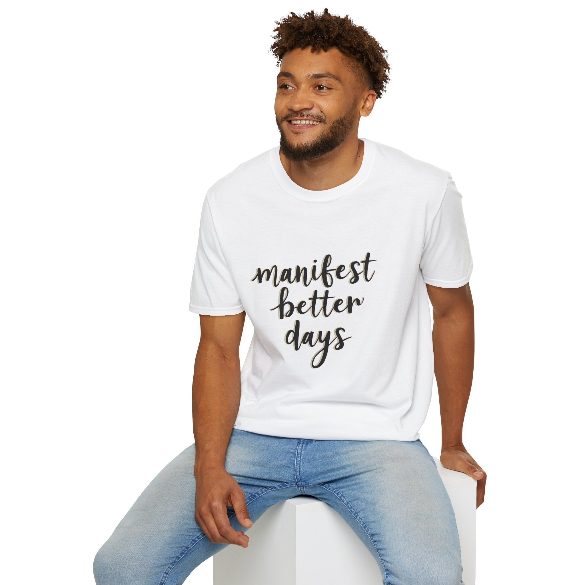 Unisex softstyle t-shirt, white crew neck, front graphic “manifest better days”