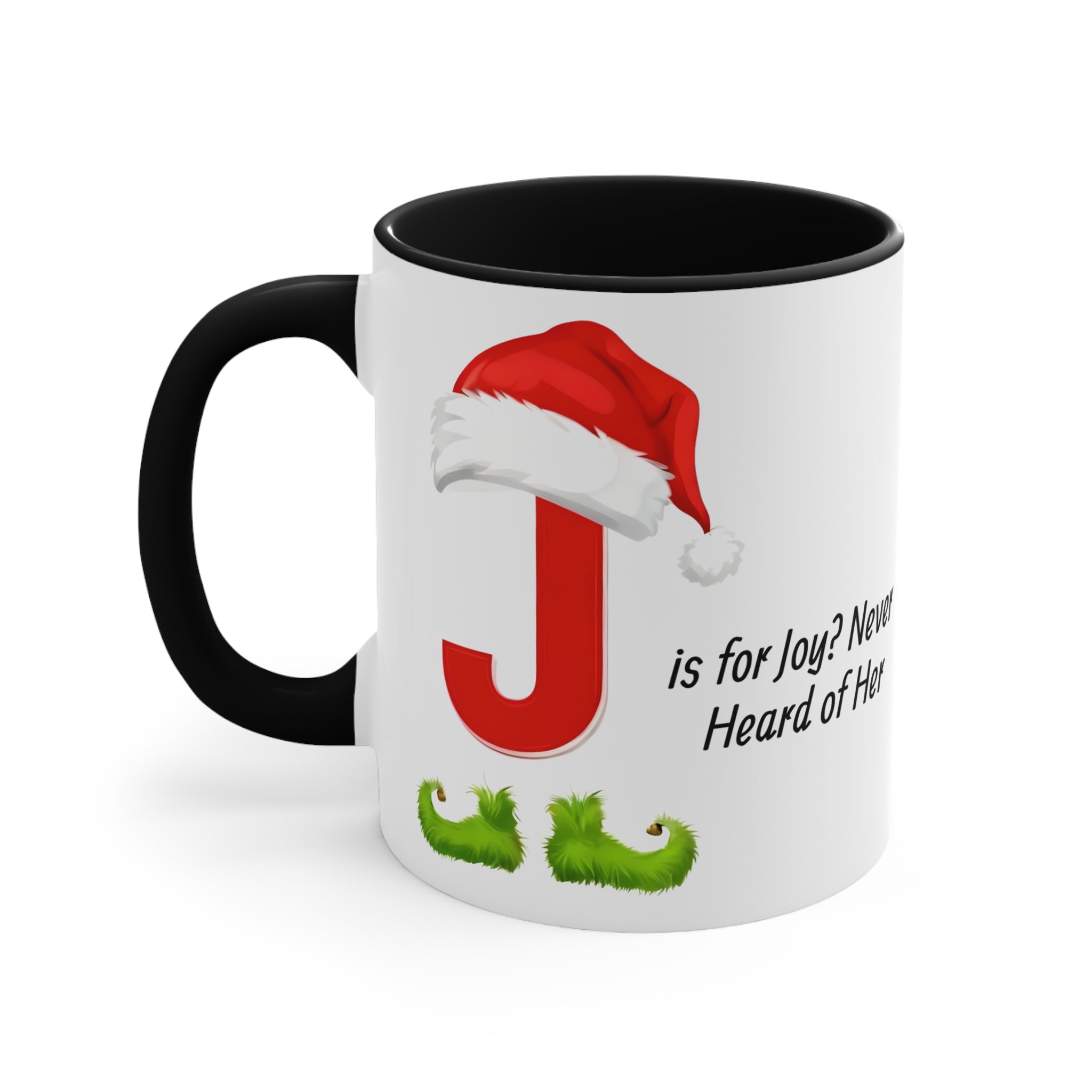 White mug with black handle, red letter J wearing a Santa hat and green boots graphic