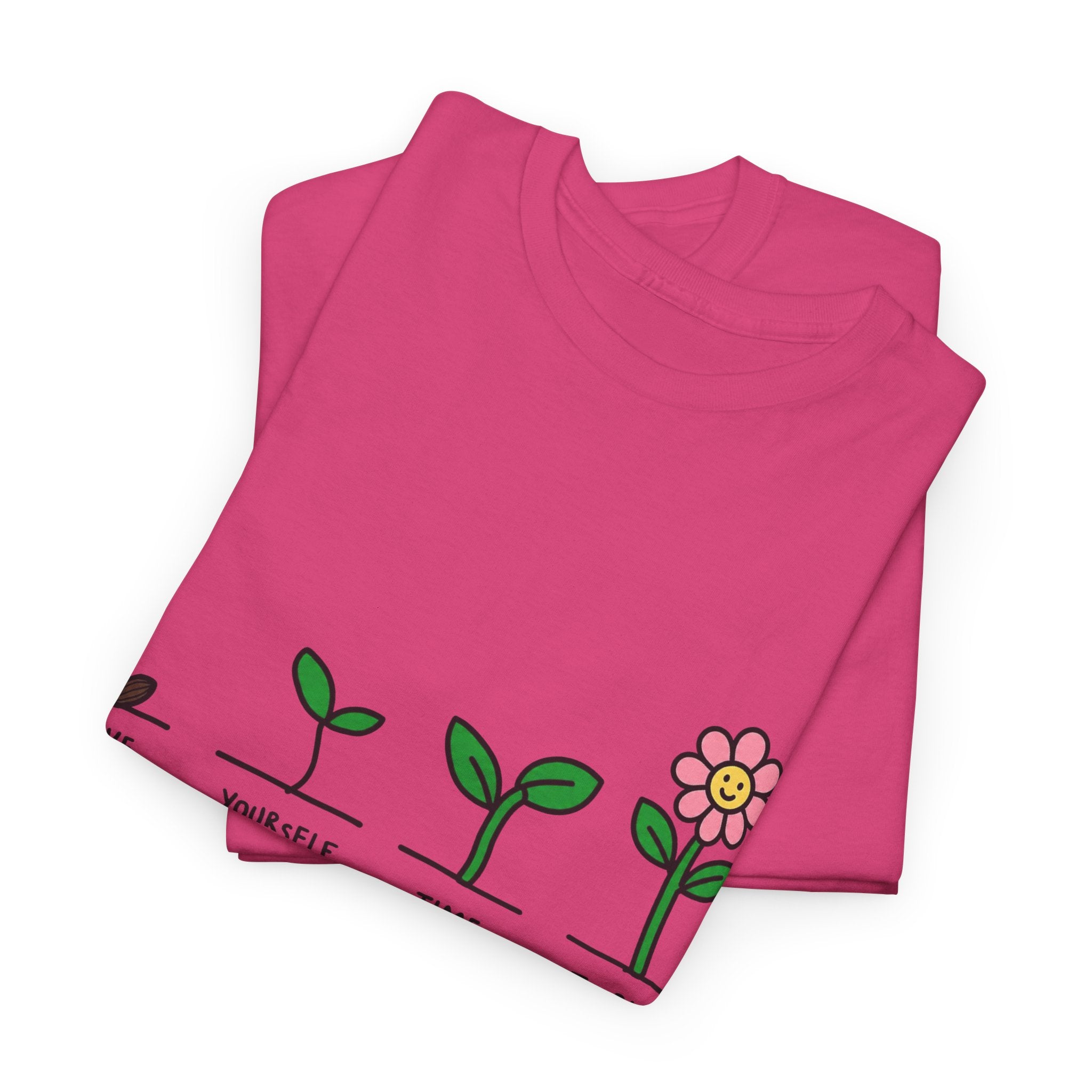 Dark pink crew-neck graphic t-shirt with sprout and flower print, folded