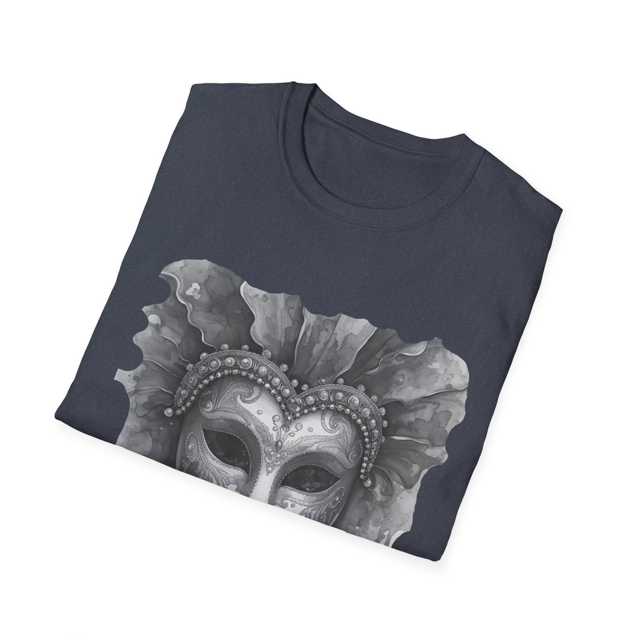 Dark heather crewneck t-shirt with large watercolor masquerade mask print across chest
