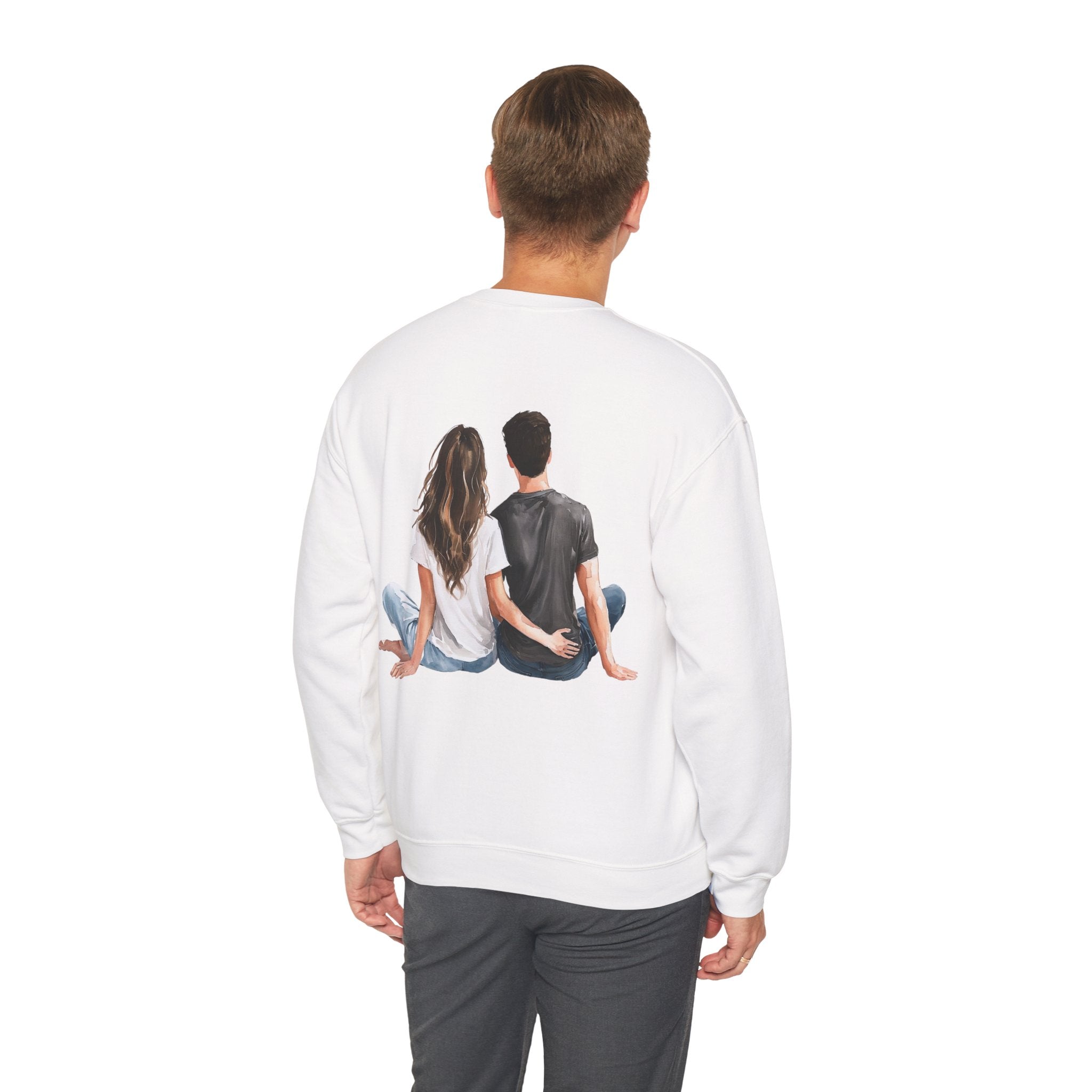White crewneck sweatshirt, back view, couple graphic at center