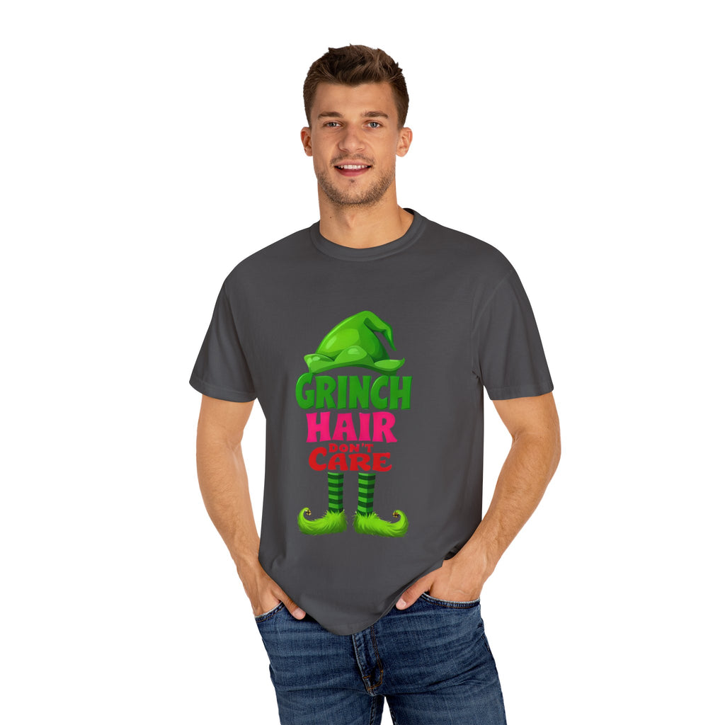 Graphite crew-neck T-shirt with Grinch Hair Don't Care front graphic