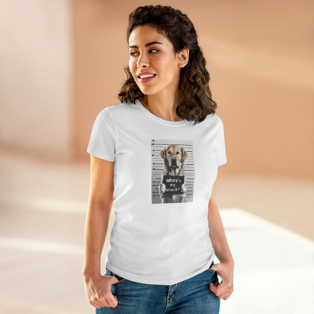 White T-shirt on model with centered dog graphic and “where’s my snack?” text