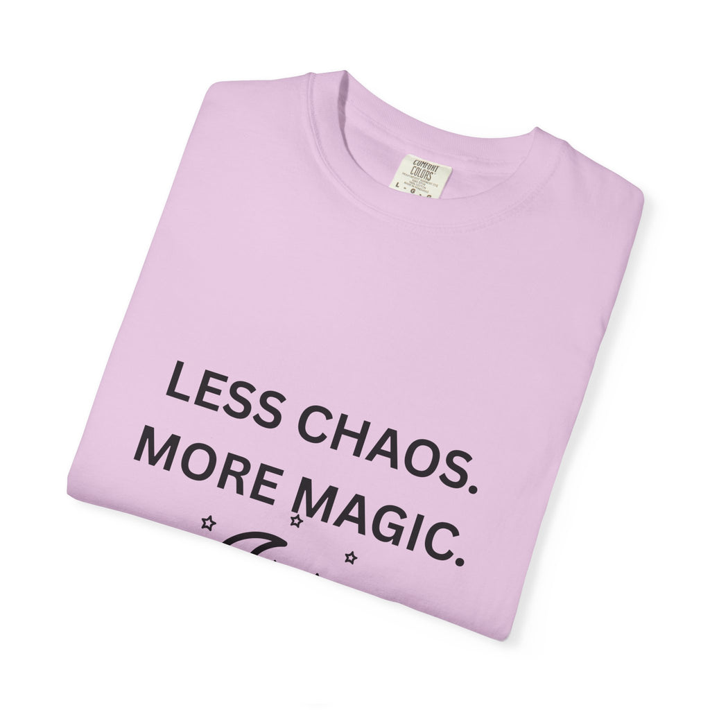Less Chaos, More Magic T-Shirt — Crescent Moon + Stars Graphic Tee