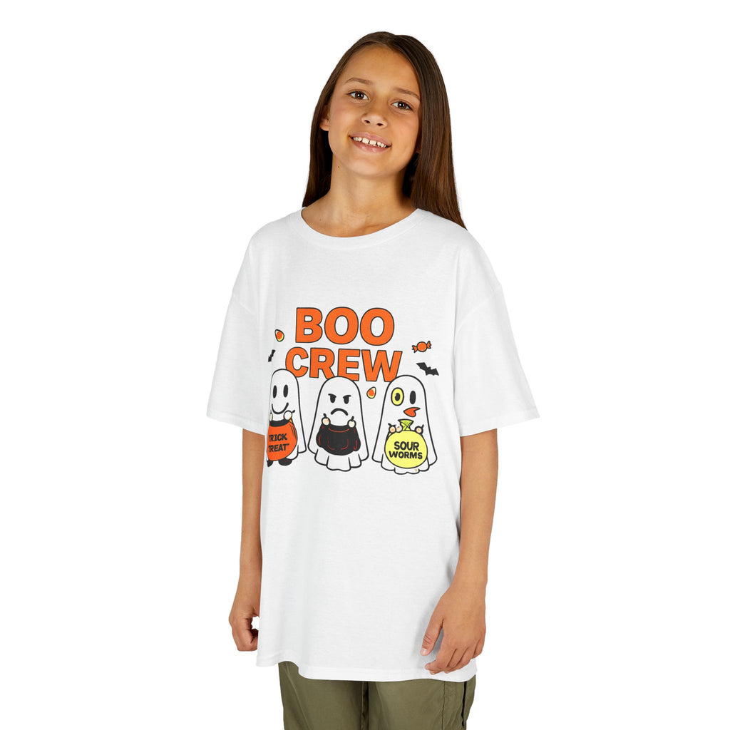 Kids white Halloween T-shirt with orange 'Boo Crew' ghost graphic