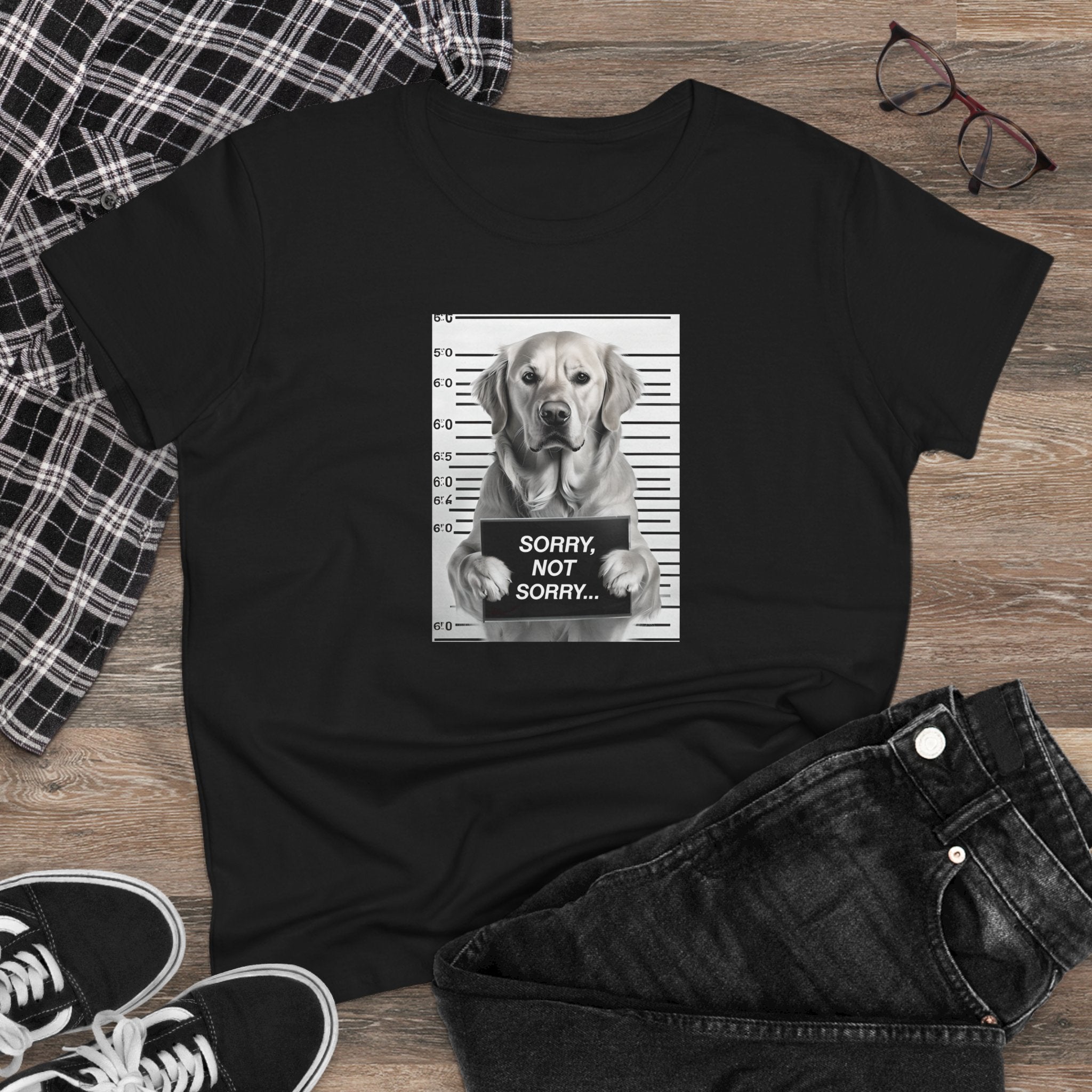 Black cotton T-shirt with grayscale dog mugshot print, 'SORRY NOT SORRY...'
