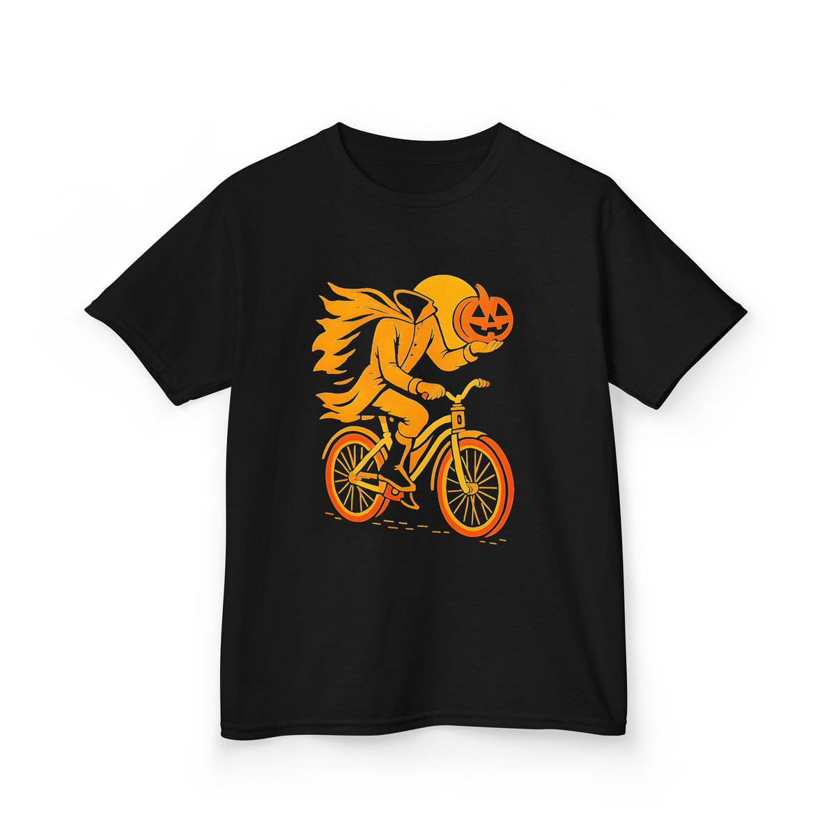Kids' black crewneck T-shirt with orange pumpkin-head biker riding bicycle graphic