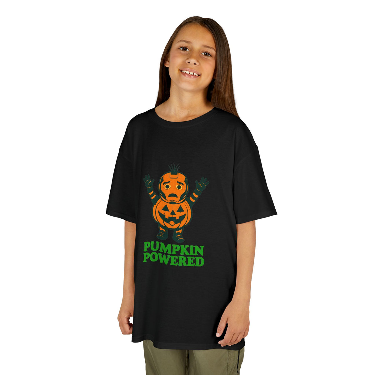 Kids Halloween T-shirt, black, jack-o'-lantern character print with “PUMPKIN POWERED”