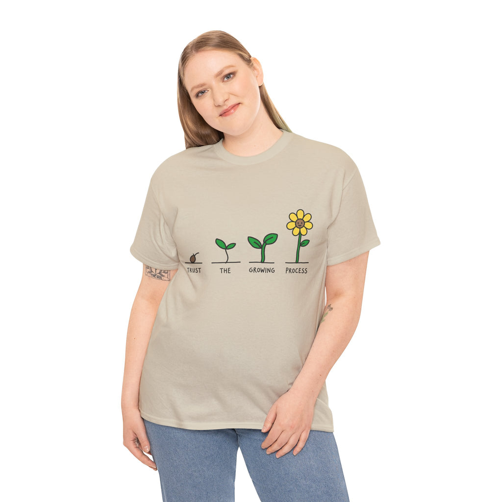 Natural beige crewneck t-shirt on model with “Trust the Growing Process” plant graphic