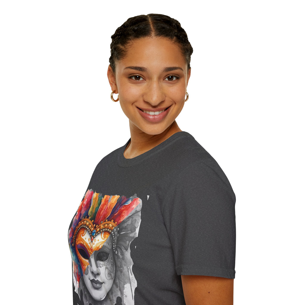 Charcoal face mask graphic T-shirt on model, watercolor masquerade mask print