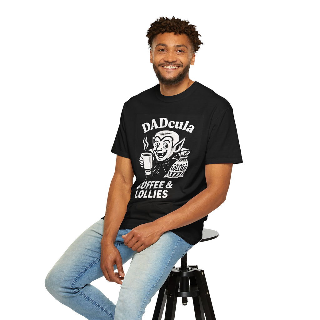 Black DADcula T-shirt worn by model, front vampire graphic and coffee & lollies