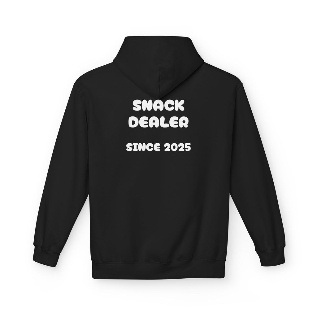 Black hoodie back with bold text 'SNACK DEALER' and 'SINCE 2025'.