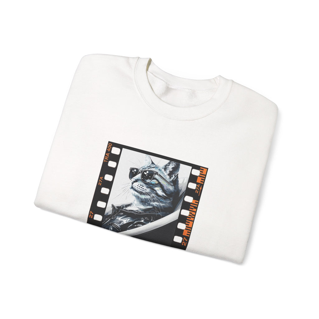 White crewneck sweatshirt with cat film-strip graphic on front