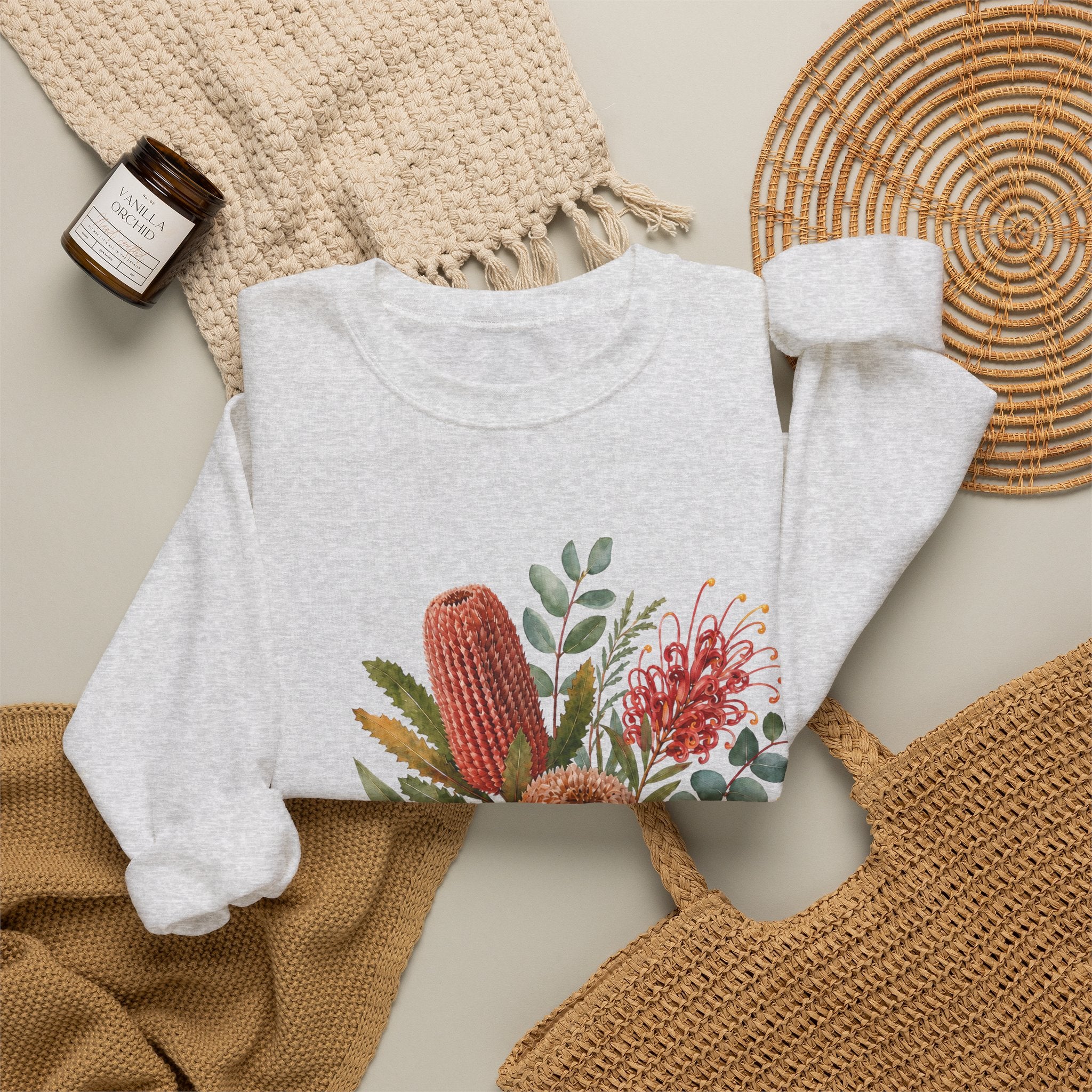 Light gray crewneck sweatshirt with colorful cactus floral graphic, long sleeves