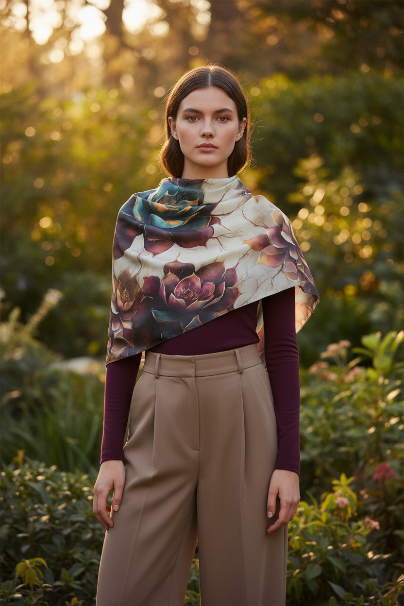 Vibrant Succulents Silk-Look Scarf — Soft Garden Print