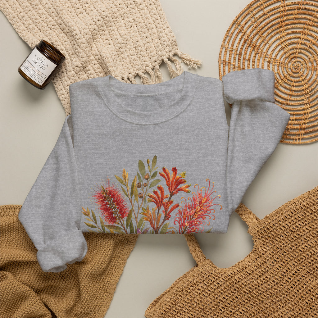 Sport grey crewneck sweatshirt with colorful botanical bouquet on chest