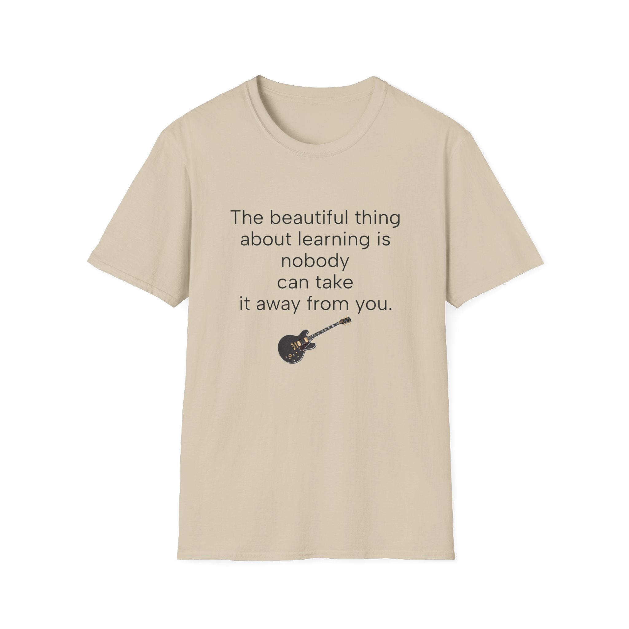 Sand beige unisex T-shirt with learning quote text and guitar graphic on front