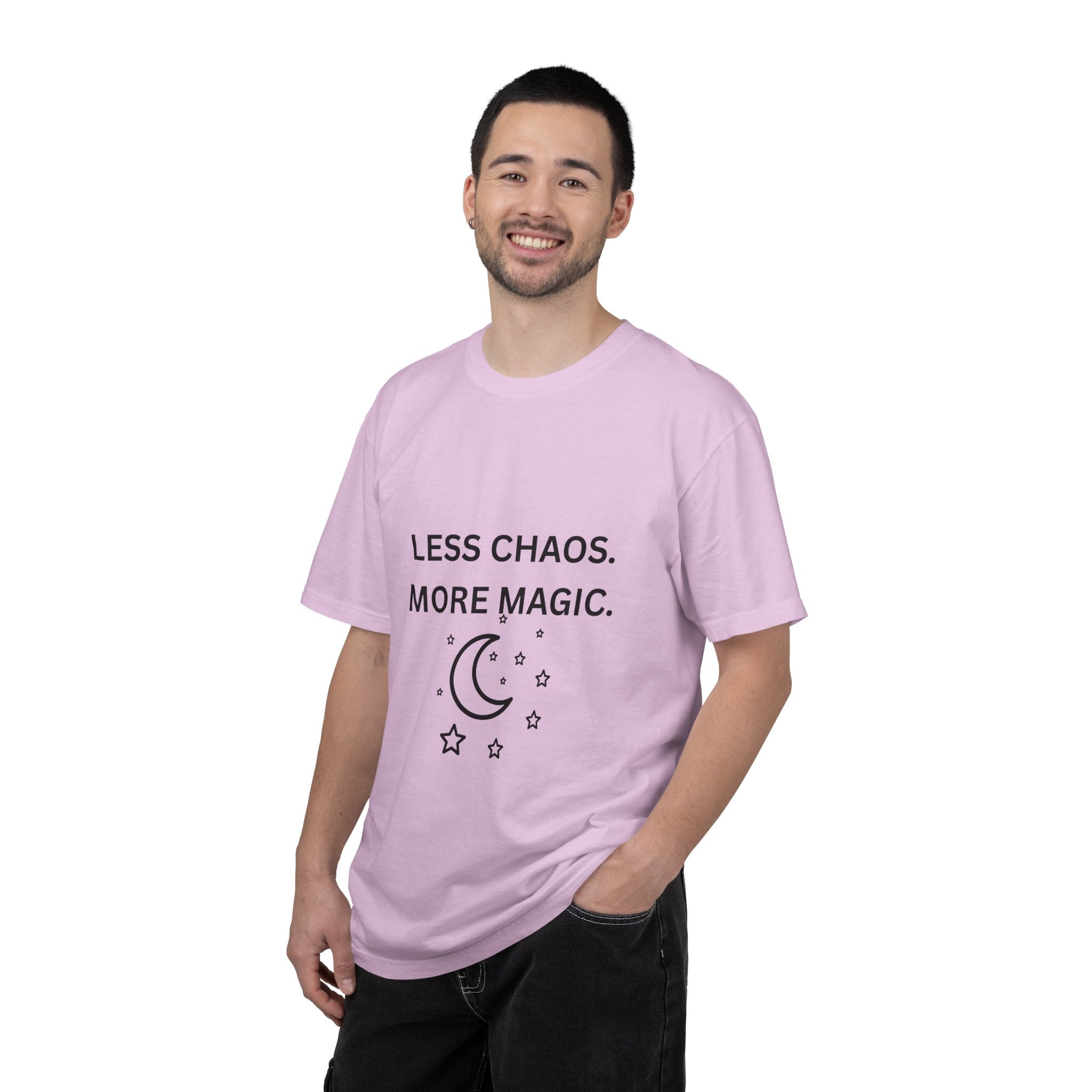 Less Chaos, More Magic T-Shirt — Crescent Moon + Stars Graphic Tee