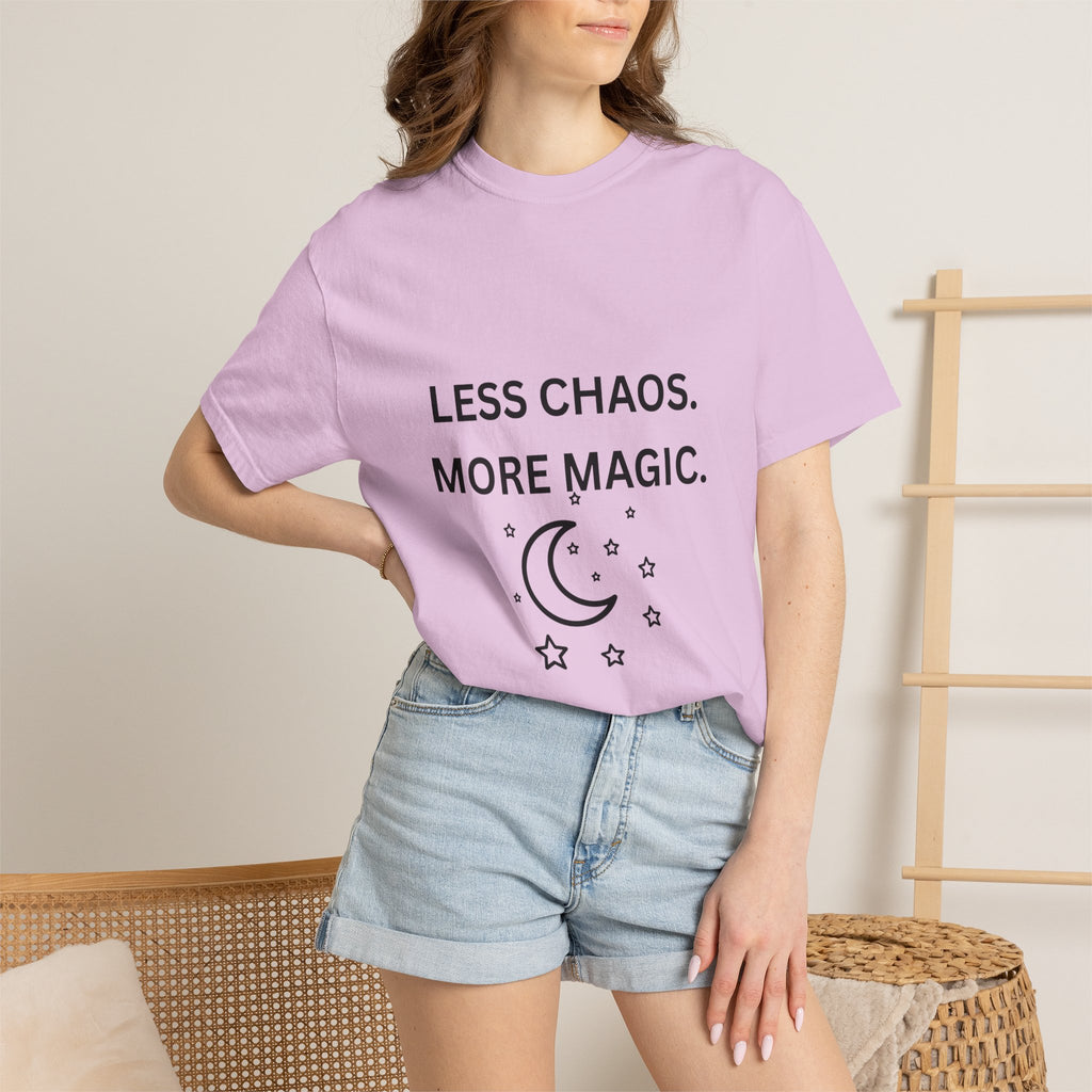 Less Chaos, More Magic T-Shirt — Crescent Moon + Stars Graphic Tee