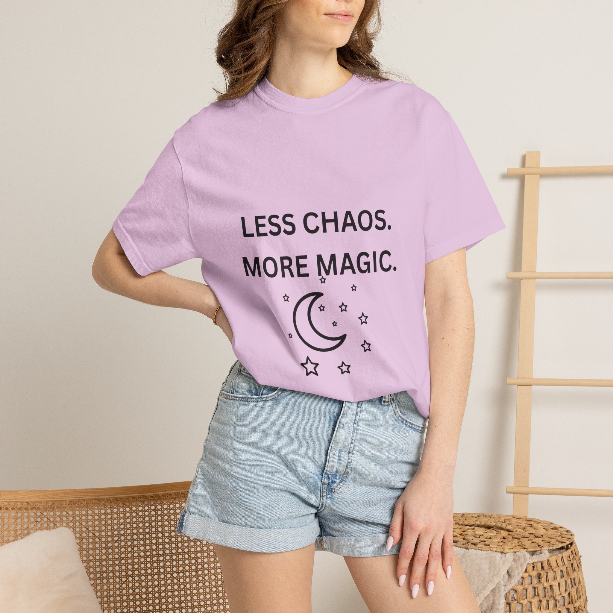 Less Chaos, More Magic T-Shirt — Crescent Moon + Stars Graphic Tee