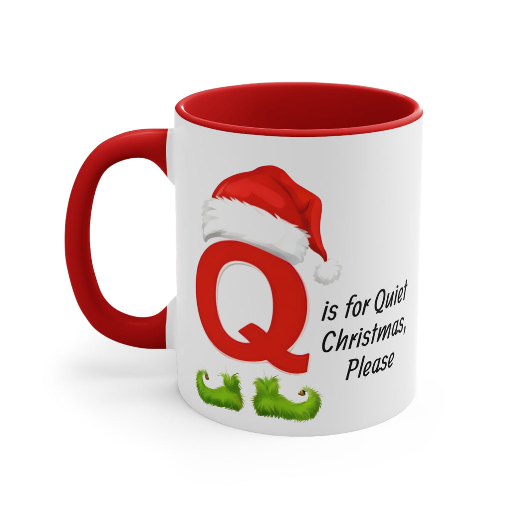White Q mug with red Santa hat and green holly; red handle and red interior