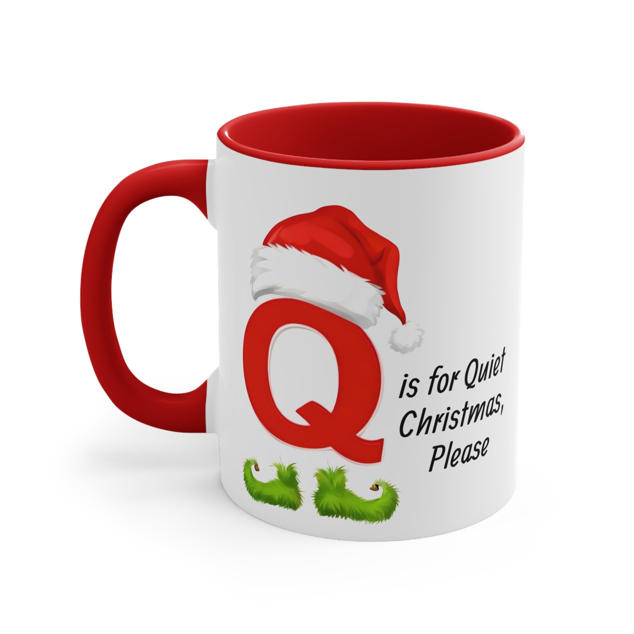 White Q mug with red Santa hat and green holly; red handle and red interior