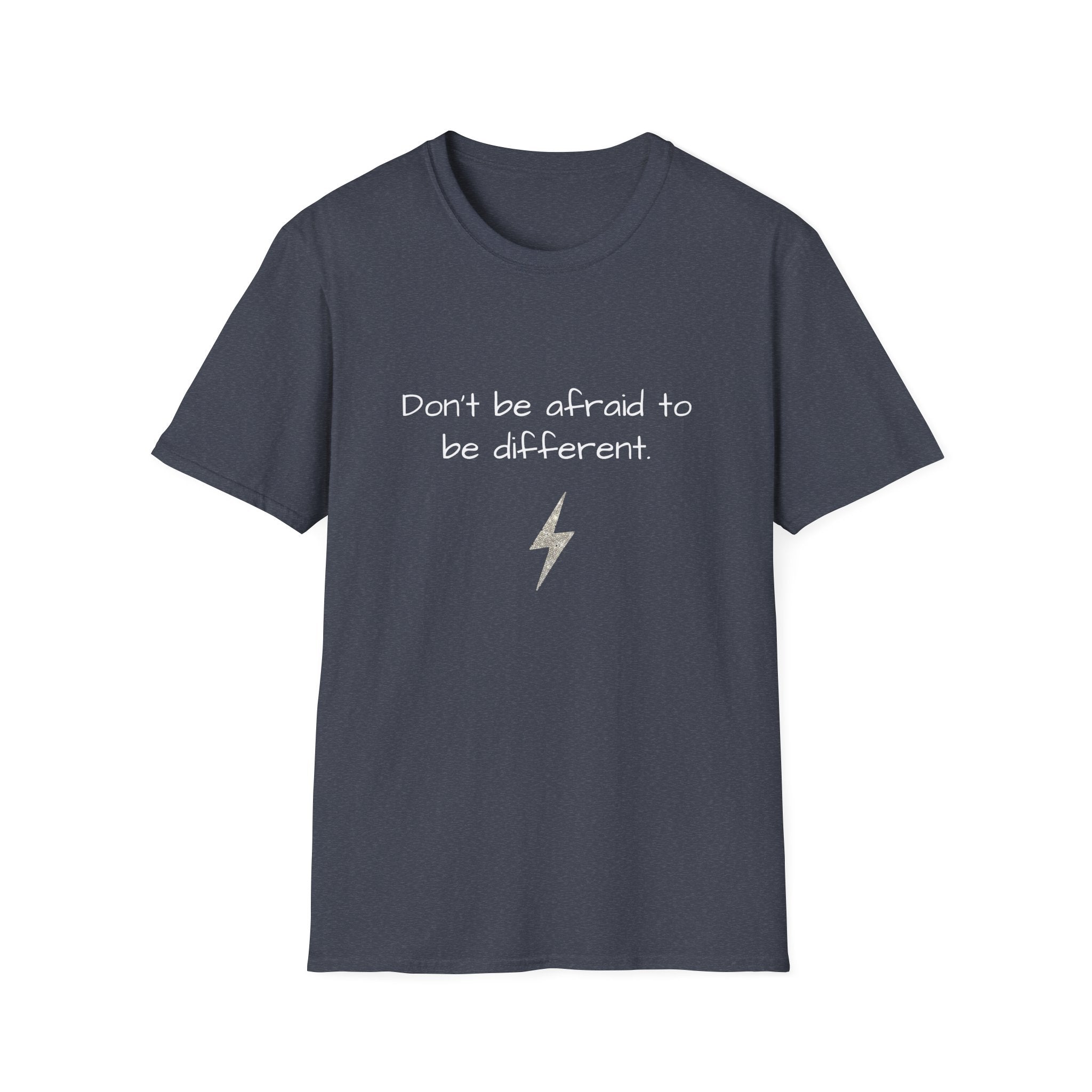 Navy unisex T-shirt with quote "Don’t be afraid to be different" and lightning bolt.