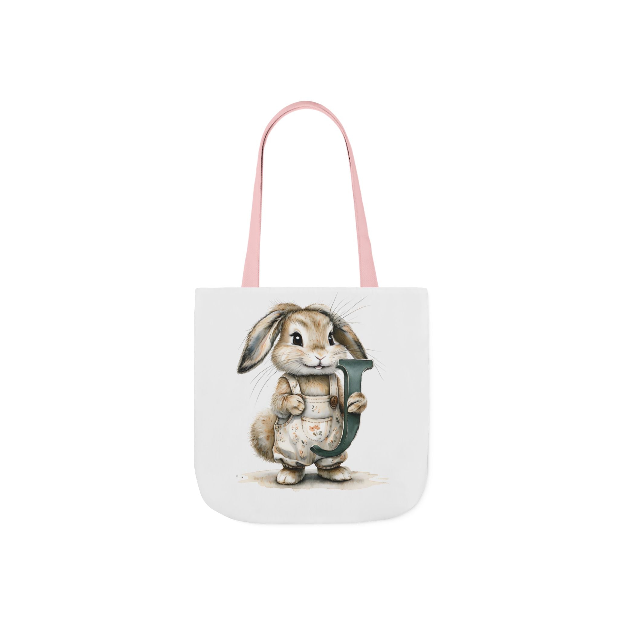 White canvas tote bag with bunny graphic and light pink shoulder strap