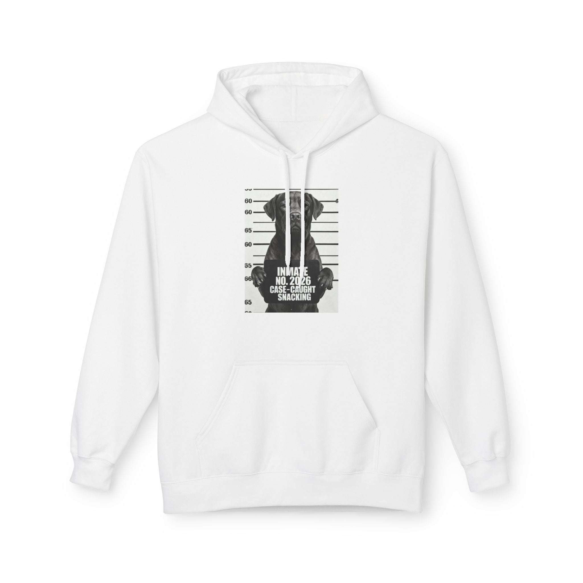 White pullover hoodie with front hood and centered dog graphic print