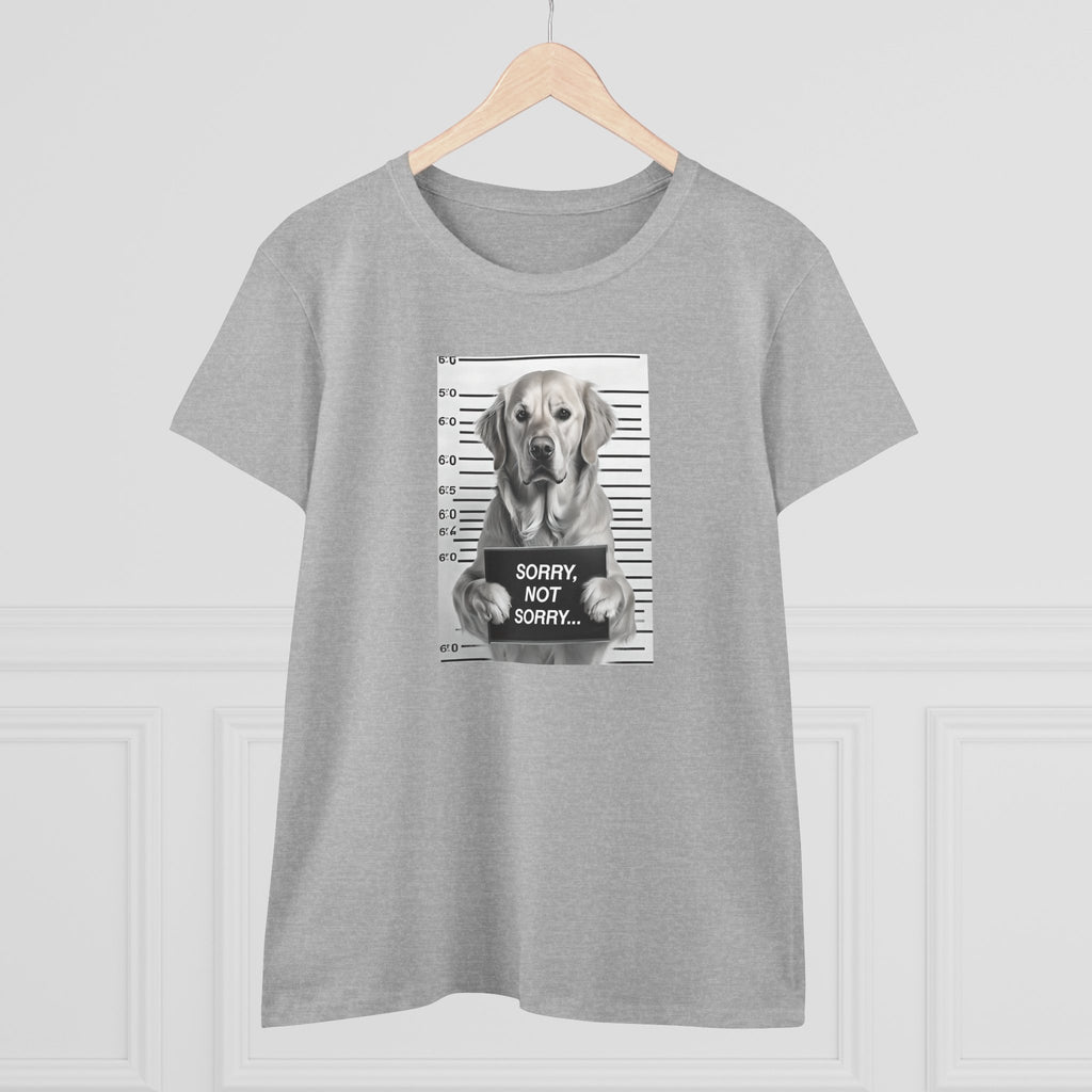 Gray cotton T-shirt front with dog mugshot graphic and 'Sorry not sorry' text
