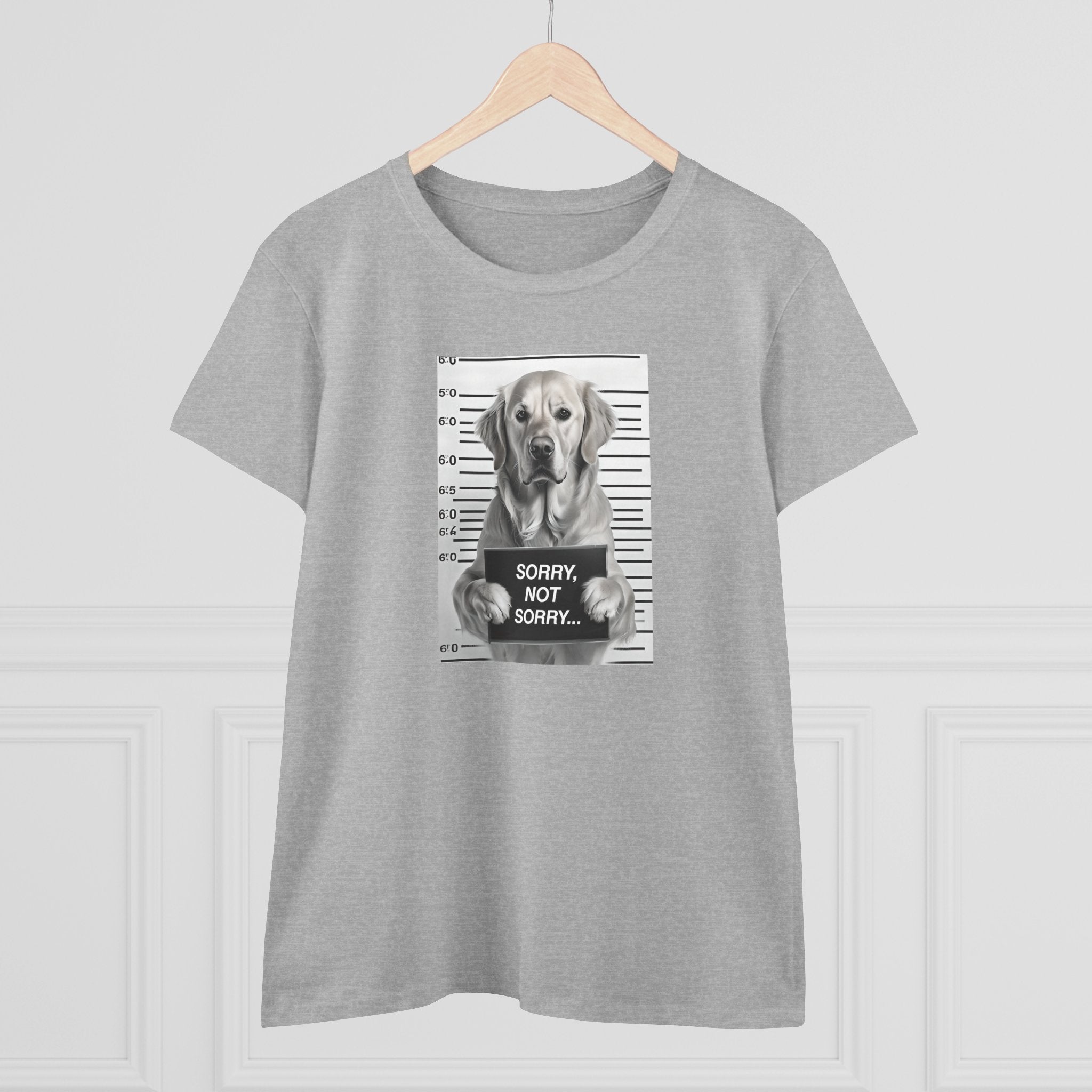 Gray cotton T-shirt front with dog mugshot graphic and 'Sorry not sorry' text