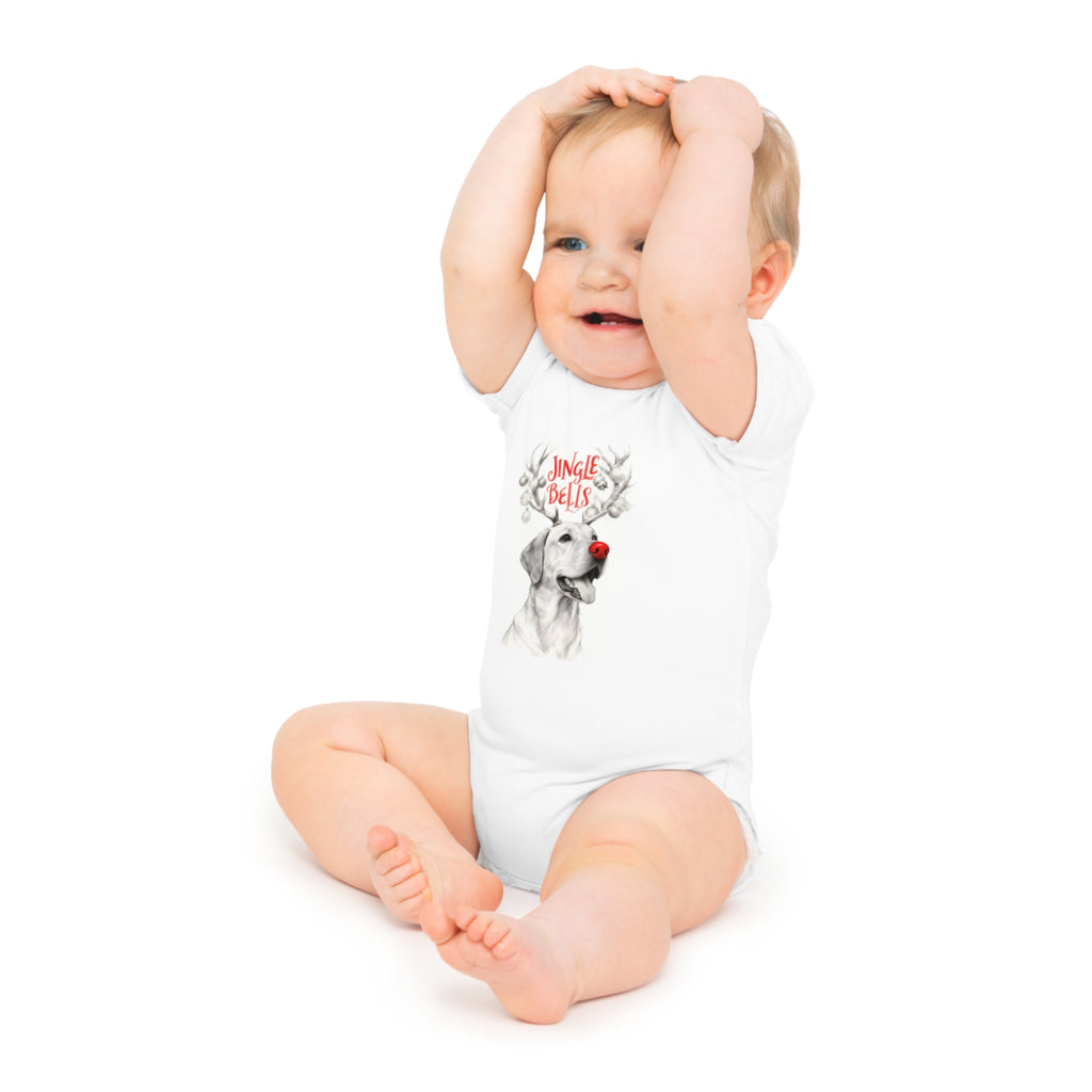 White baby onesie bodysuit with Jingle Bells reindeer-nose dog front graphic