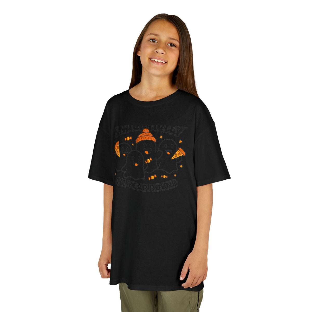 Black kids Halloween t-shirt with orange space-ghost graphic on front