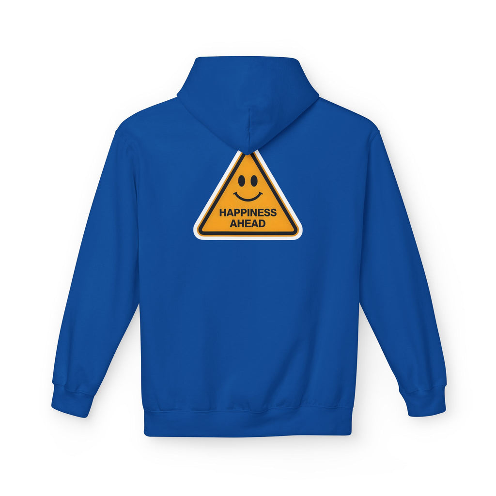 Royal blue unisex hoodie with rear triangle 'Happiness Ahead' graphic