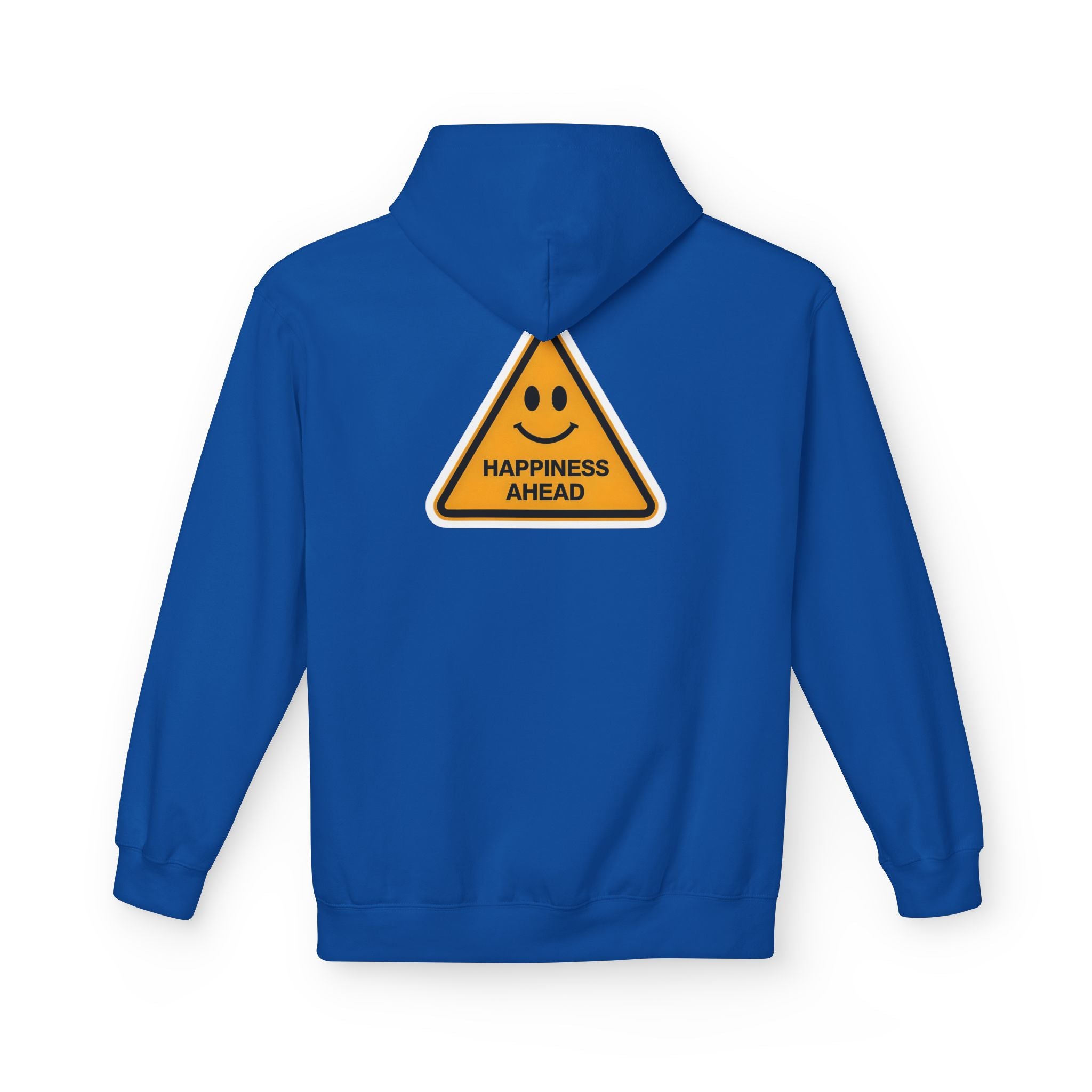 Royal blue unisex hoodie with rear triangle 'Happiness Ahead' graphic