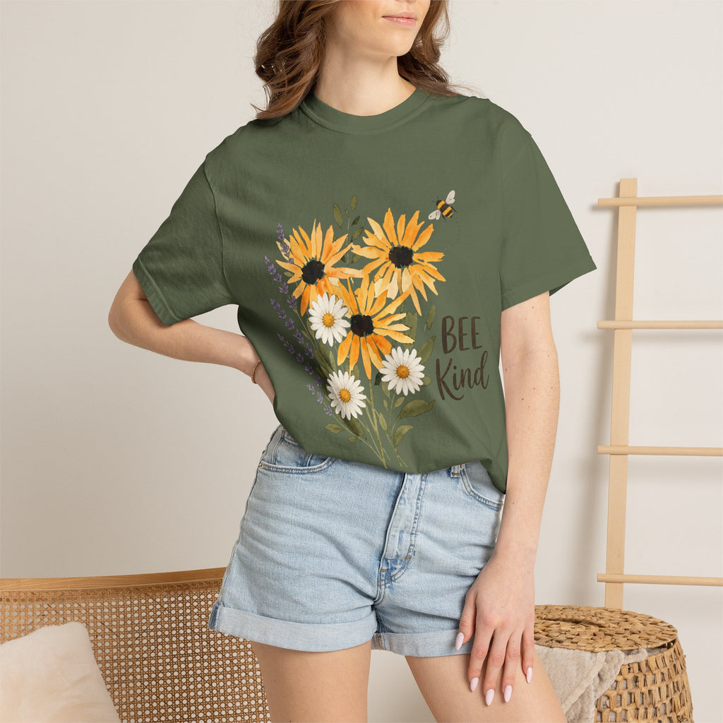 Sage green t-shirt on model with sunflower bouquet and bee, includes "BEE Kind"
