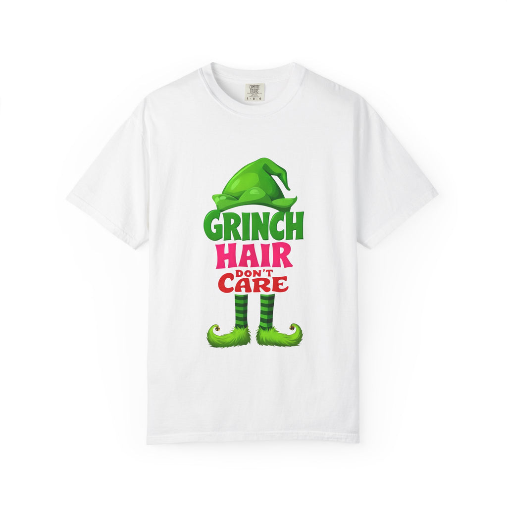 White T-shirt with Grinch Hair Don't Care front graphic, short sleeves
