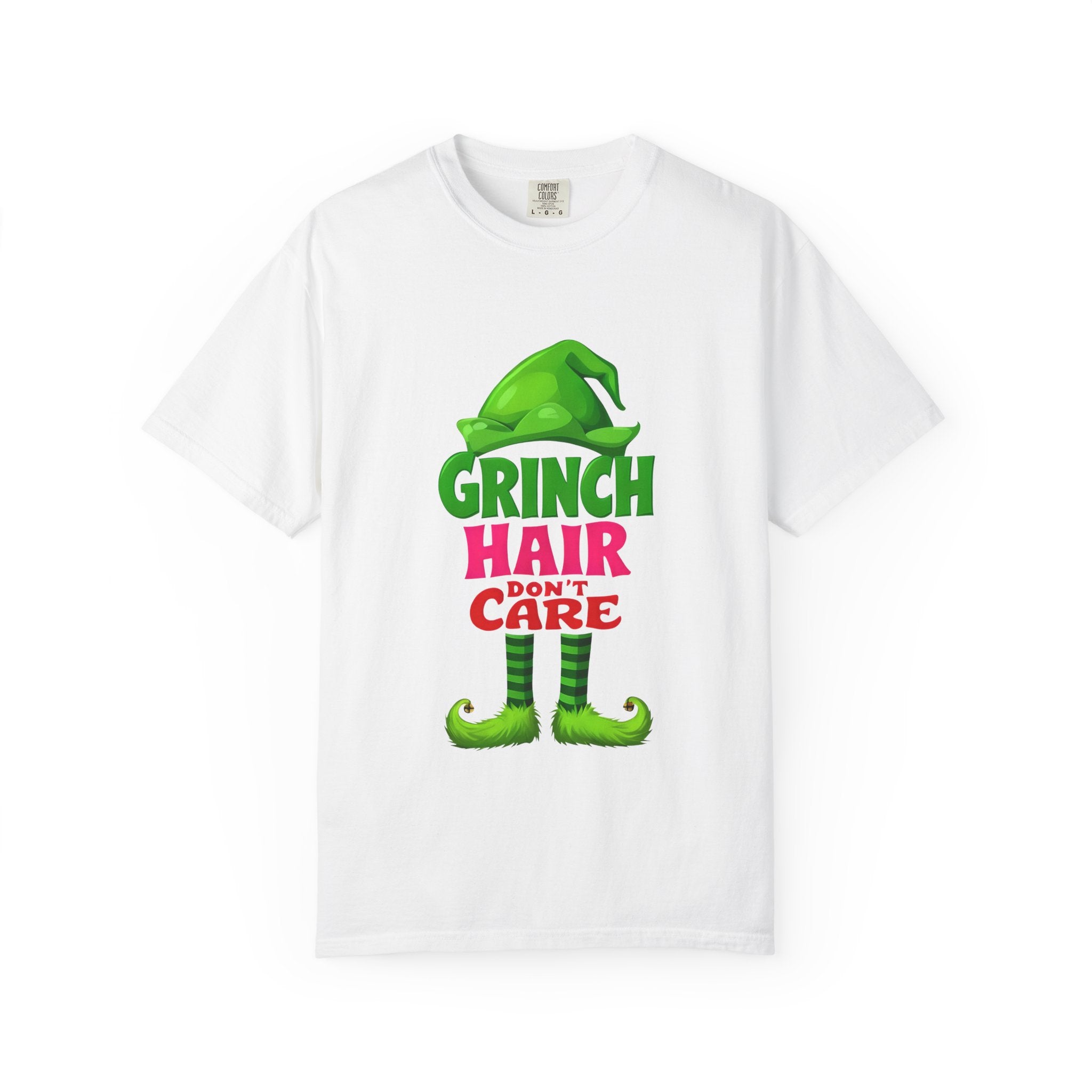 White T-shirt with Grinch Hair Don't Care front graphic, short sleeves
