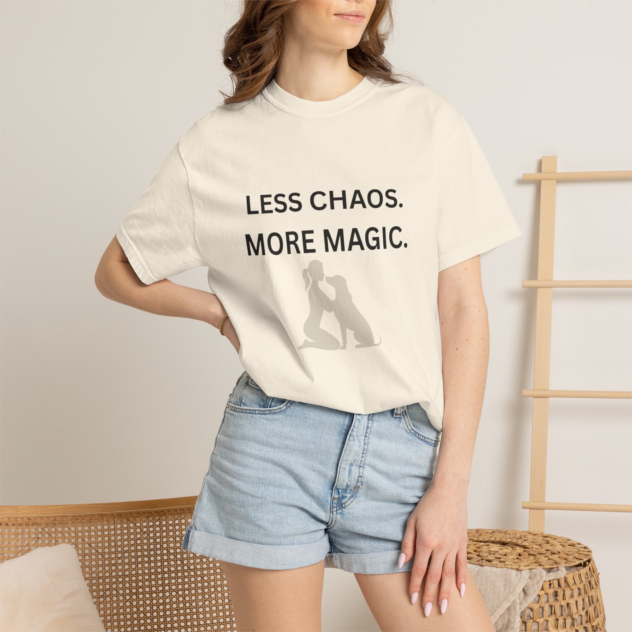 Less Chaos, More Magic T-Shirt — Woman + Dog Silhouette Graphic Tee