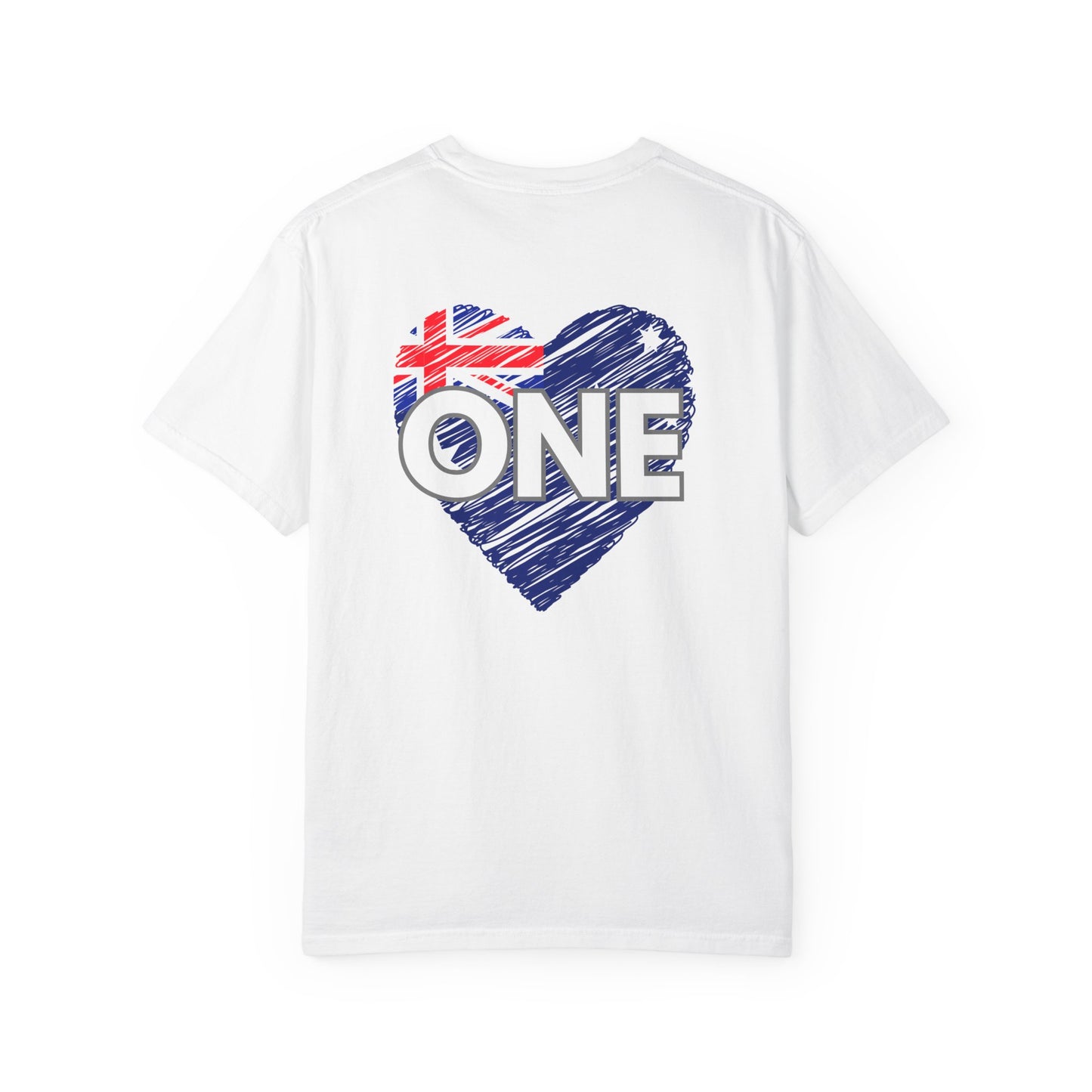 Unisex ONE Together Heart T-Shirt — "We Are All In This Together" Front Text, Australian Flag One Back Design