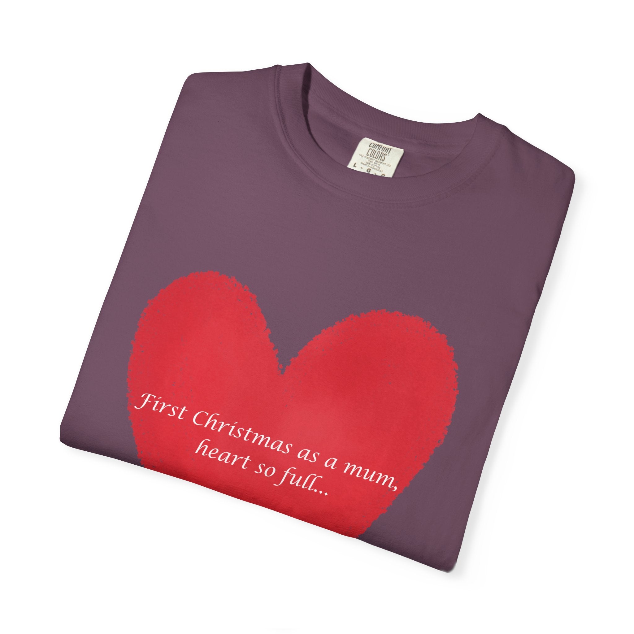 Grape-purple crew-neck T-shirt, folded, with red painted heart graphic and script