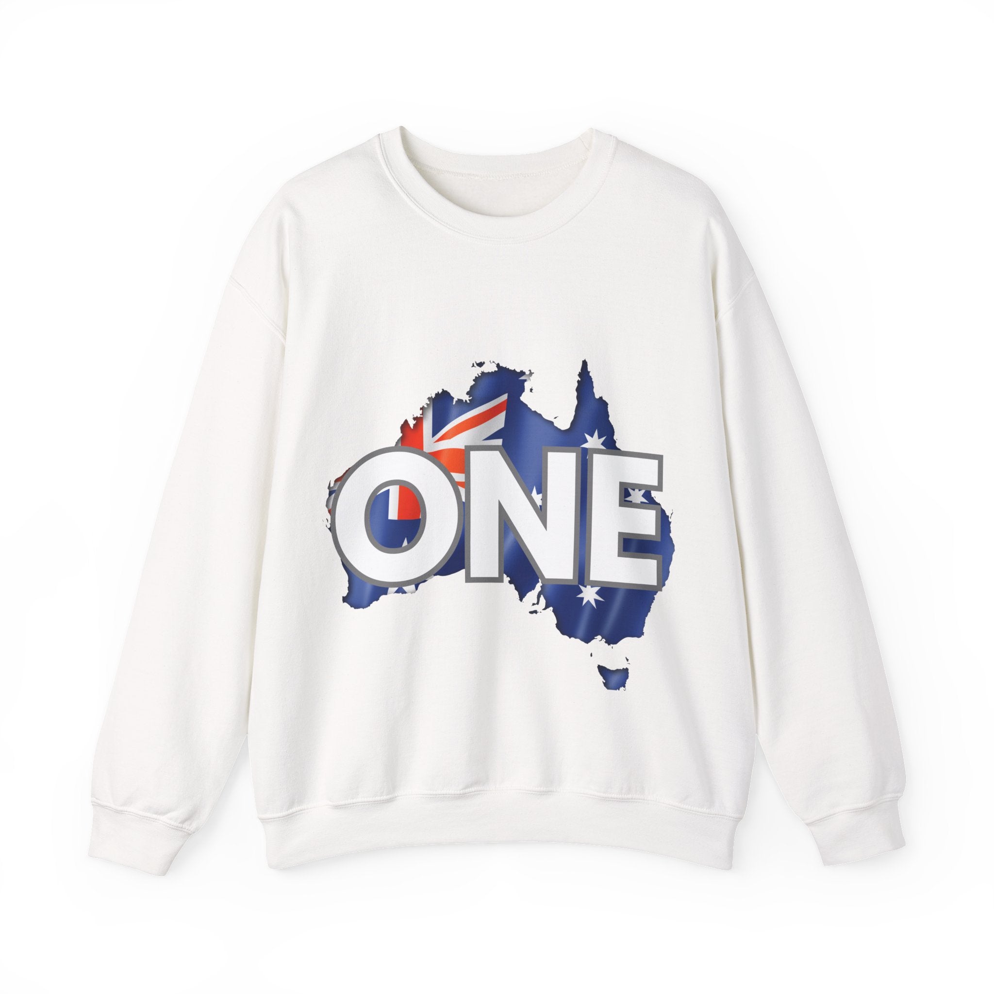 White crewneck sweatshirt with bold 'ONE' graphic and Australia map in flag colors