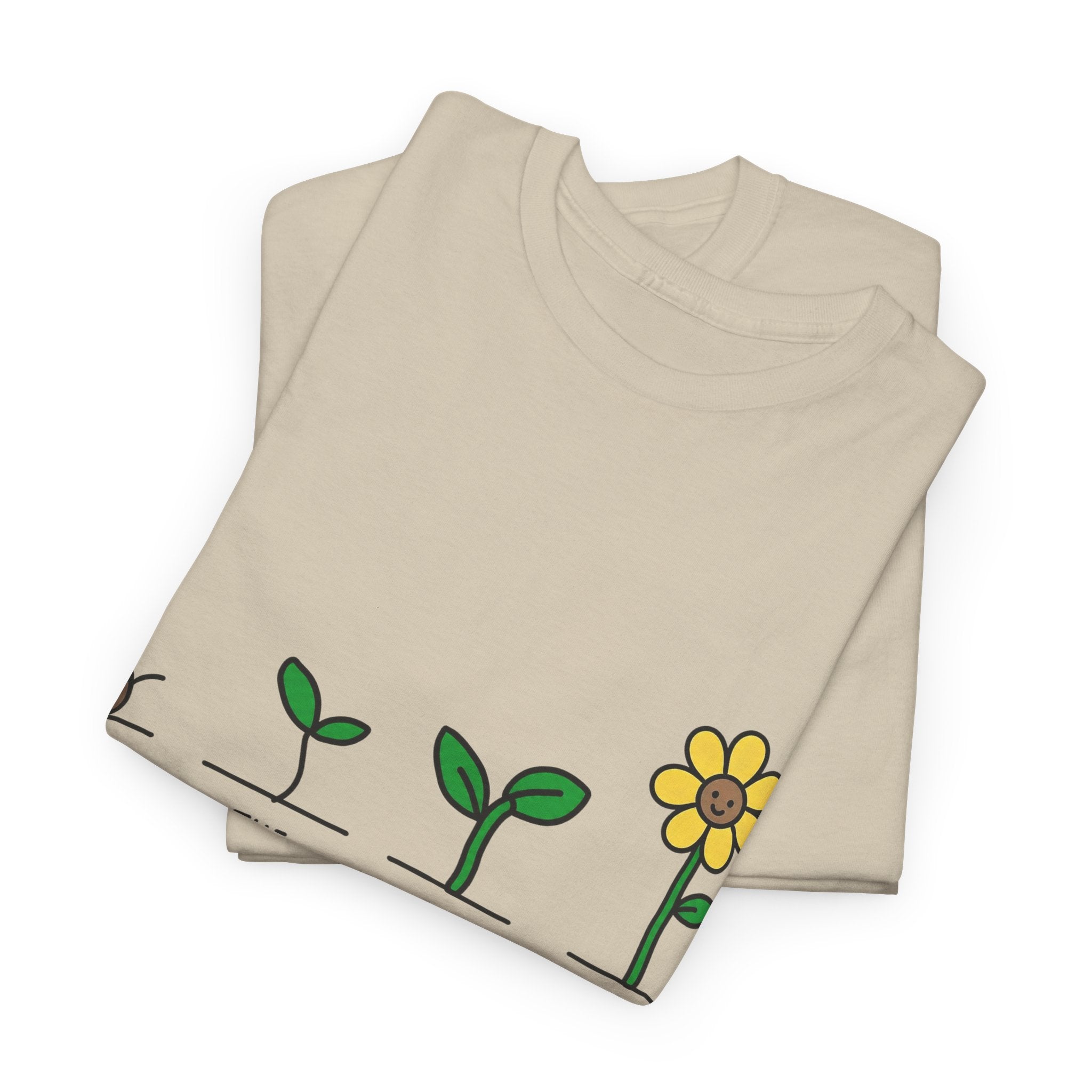 Natural beige crewneck t-shirt set with seedling-to-flower “Trust the Growing Process” graphic