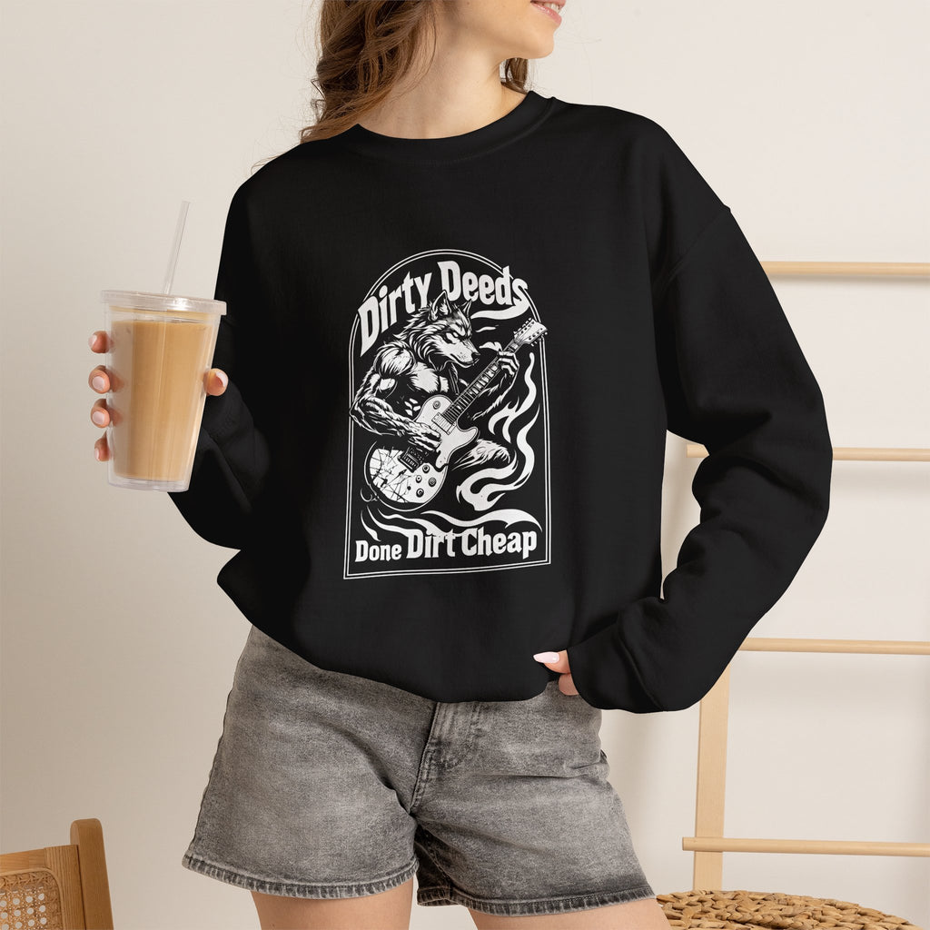Crewneck Sweatshirt — 'Dirty Deeds Done Dirt Cheap' Retro Skull Graphic