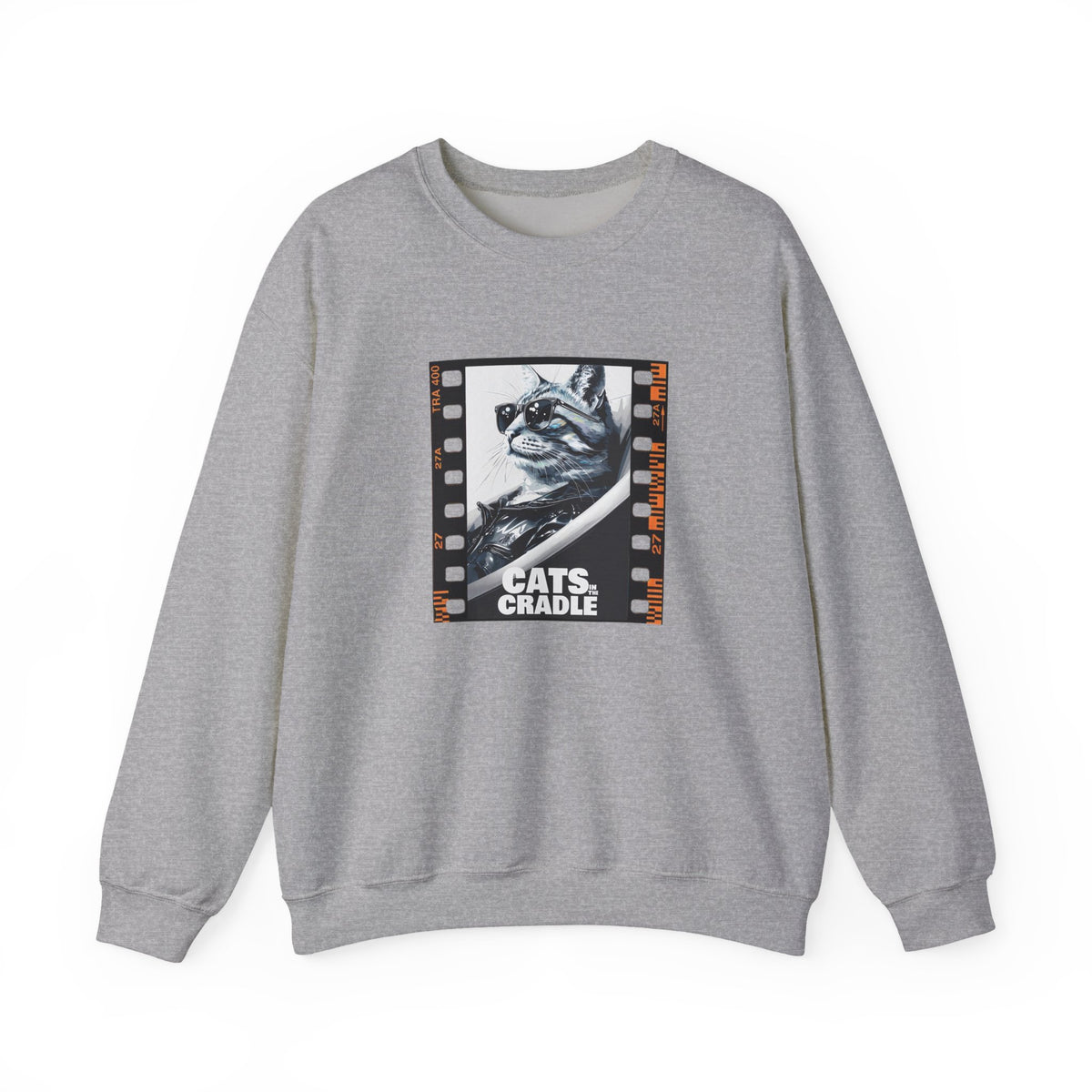Heather gray crewneck sweatshirt with cat film strip graphic on front