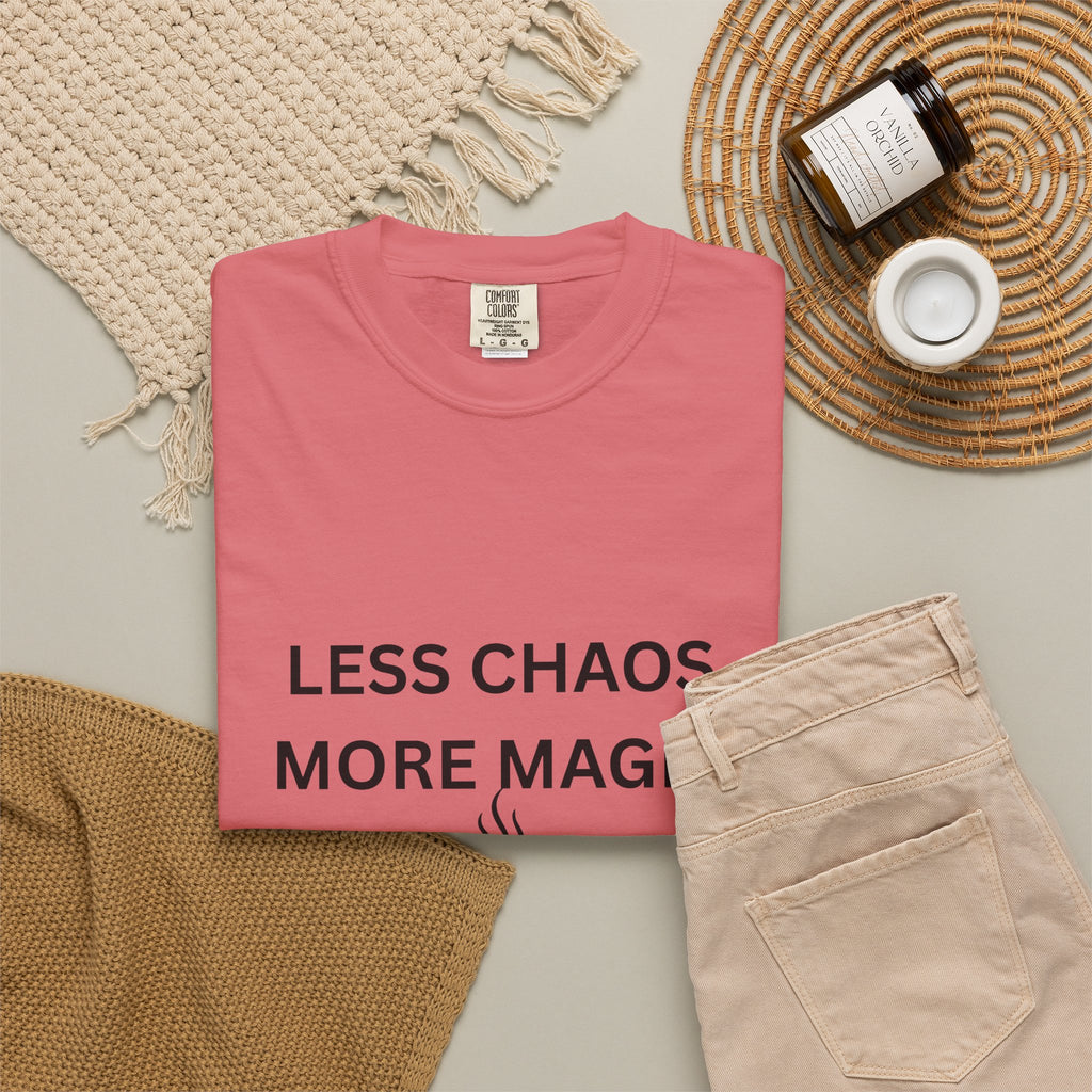 Less Chaos, More Magic T-Shirt — Cozy Coffee Cup Graphic Tee